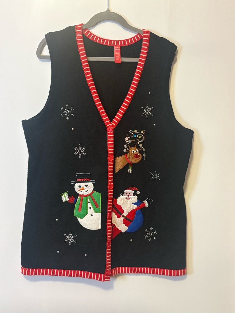 Unbranded Black Holiday Vest with Red Trim & Festive Embroideries